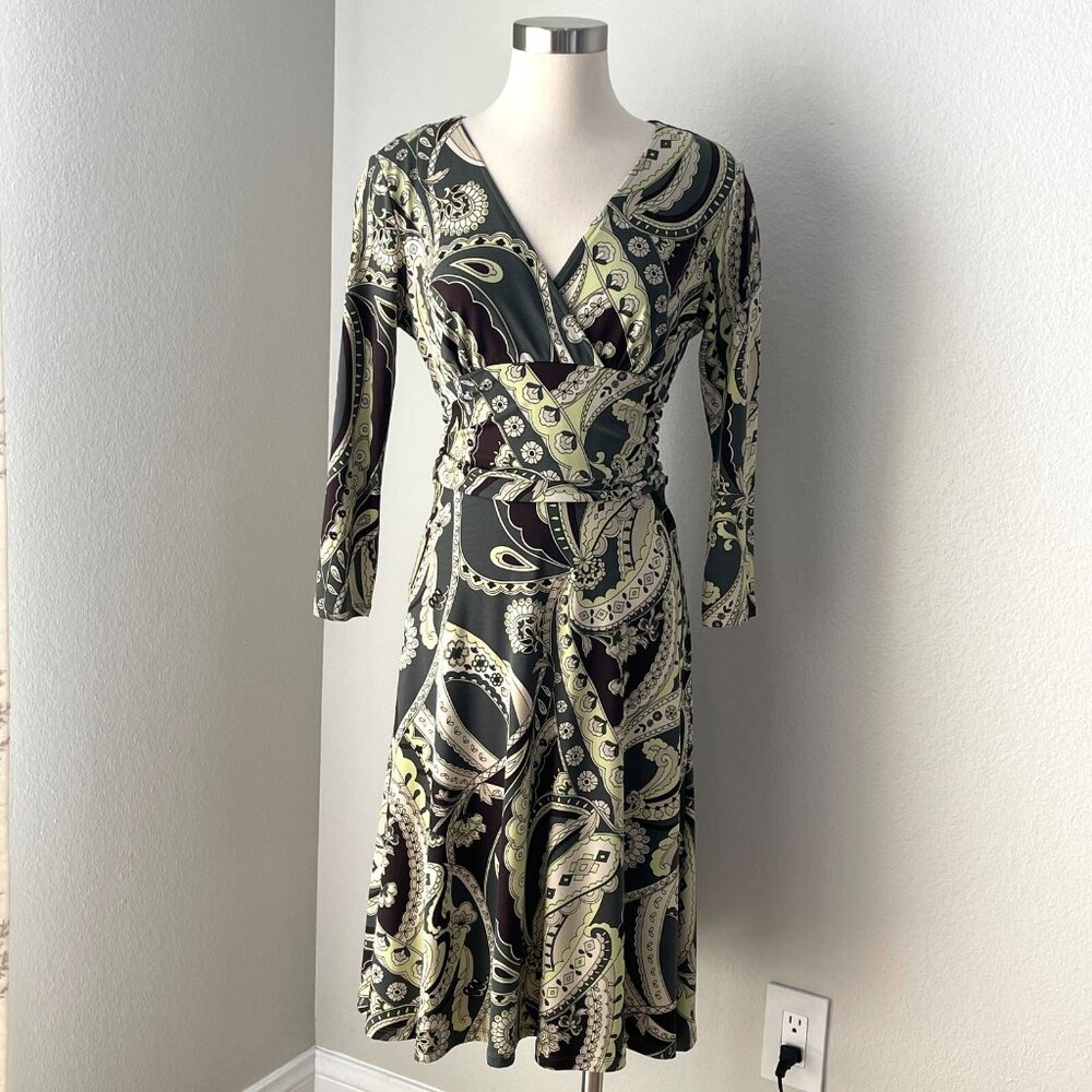 Ann Taylor Womens 6 Stretch V Neck Paisley Print Dress Long Sleeve